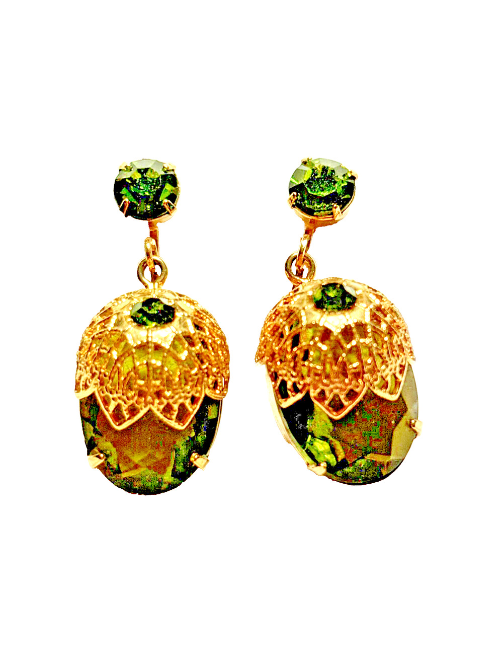 Vintage Mid Century Sarah Coventry Clip On Earrings Gold Green Rhinestone Dangle